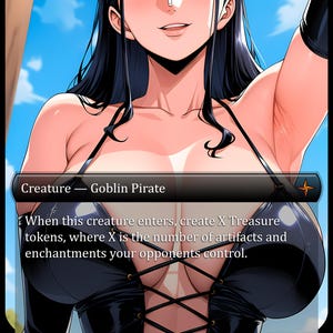 May include: A fantasy art card featuring a woman with long black hair and blue eyes. The card text reads "Creature - Goblin Pirate" and includes game instructions. The card has a 1/2 power and toughness rating.