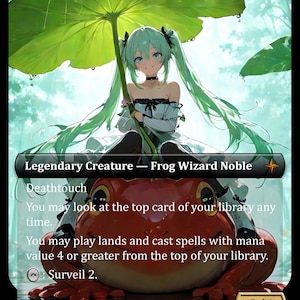 May include: A fantasy card featuring a green-haired anime-style character under a large green leaf, sitting on a large red frog. The card text reads "Legendary Creature - Frog Wizard Noble" and includes game instructions. The card has a 2/4 power and toughness.