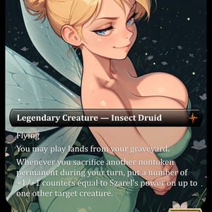 Peut inclure: Une carte à collectionner représentant un personnage blond avec des ailes d'insecte dans une robe verte. Le texte indique Legendary Creature - Insect Druid, Flying, You may play lands from your graveyard, Whenever you sacrifice, 2/5.