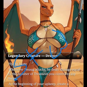 May include: A trading card titled Smaug the Magnificent featuring an orange dragon creature with wings, wearing a teal bikini and holding a spear. The card text includes Legendary Creature - Dragon, Flying, haste, and ability descriptions.