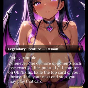 Op de afbeelding: Een ruilkaart met een anime-stijl demon-personage met lang donker haar, paarse highlights en hoorns. De kaarttekst luidt Legendary Creature - Demon, Flying, trample en bevat spelmechanieken over levensverlies en kaartverbanning.