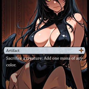May include: A trading card featuring a character with long black hair, yellow eyes, and black wings, wearing a black bodysuit. The card text reads Artifact, Sacrifice a creature: Add one mana of any color, M 061, KPC, EN, KRESHED.