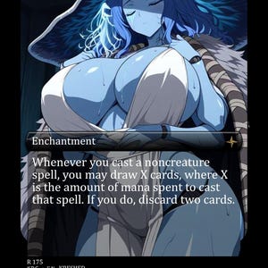 Peut inclure: Une carte à collectionner représentant une silhouette à la peau bleue portant un chapeau à larges bords et un vêtement blanc. Le texte indique : Enchantment. Whenever you cast a noncreature spell, you may draw X cards, where X is the amount.