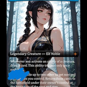 Può includere: Una carta collezionabile intitolata Elrond, Moon-Reader con l'illustrazione di un'elfa dai capelli scuri intrecciati, che indossa un abito nero. Il testo della carta identifica il personaggio come creatura leggendaria, nobile elfo, con 3/3.