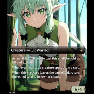 Könnte beinhalten: Eine Fantasy-Karte mit einem Elf Warrior im Anime-Stil mit grünen Haaren und Augen, in einem grün-weißen Outfit. Der Kartentext beschreibt die Fähigkeiten der Kreatur. Die Karte hat Stärke und Widerstandskraft von 6/6.