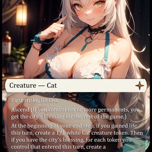 Può includere: Una carta fantasy con un personaggio femminile in stile anime con capelli bianchi e orecchie da gatto. Indossa un completo turchese e bianco con un choker nero. La carta recita "Creatura - Gatto" e include le istruzioni di gioco. La carta ha 1/1.