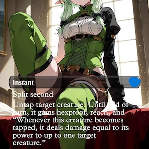 Può includere: Un'illustrazione digitale di un personaggio elfo dai capelli verdi che indossa un abito verde e nero con armatura pettorale bianca. Una casella di testo sovrappone l'immagine con le parole Instant, Split second, Untap target creature e regole.