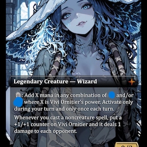 May include: A trading card featuring a blue-haired wizard wearing a wide-brimmed hat. The text reads Legendary Creature - Wizard, with game mechanics including Add X mana and Whenever you cast a noncreature spell, put a +1/+1 counter on Vivi Ornitier.