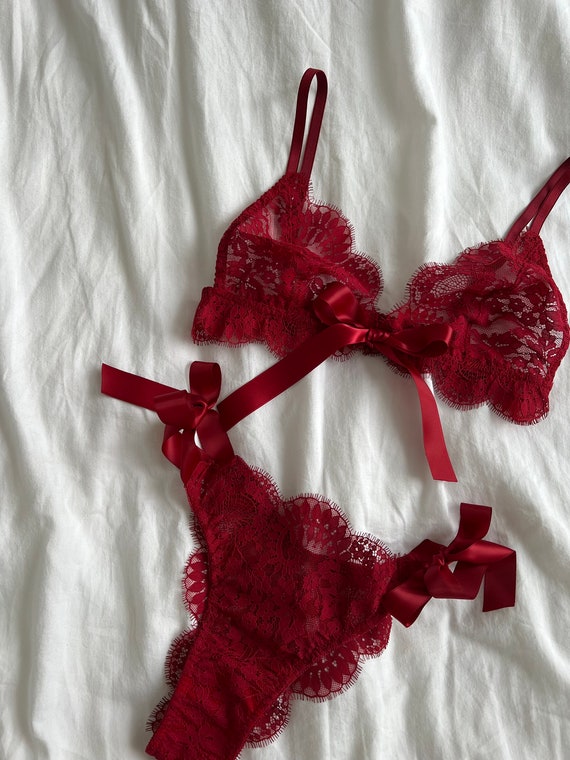 Red Lace Lingerie Erotic With Bows, Romantic Underwear, Red