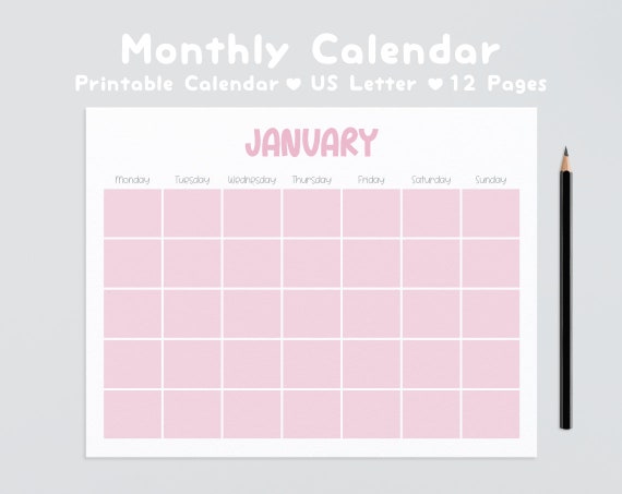 Printable Blank Monthly Calendar Pink Calendar Horizontal | Etsy