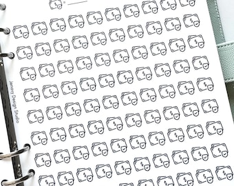 May include: A white planner page with the text "Bills SAVINGS CHALLENGE" and a goal line. The page is filled with small wallet icons, each with a dollar sign and a checkmark. The planner is open to the page.