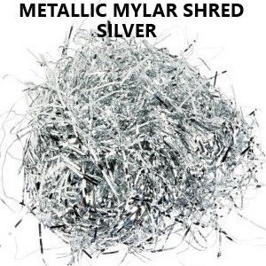 May include: Silver metallic mylar shred for packaging or crafts. The shred is made of thin, shiny strips of mylar.