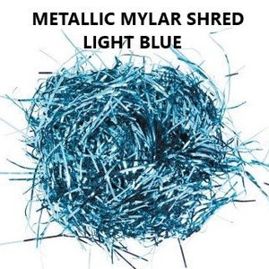 May include: Light blue metallic mylar shred for gift wrapping or crafts.