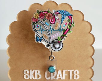 Floral Stethoscope Butterfly Medicine Glitter Badge Reel