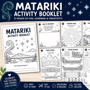 May include: A Matariki activity booklet featuring 21 pages of black and white illustrations, including a maze, word search, coloring pages, and a paper crown template. The cover displays a mountain landscape under stars with the title Matariki Activity Booklet.