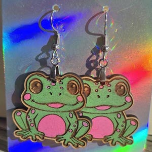 Frog Earrings, Cute Earrings, Hypoallergenic Earrings, Summer Earrings, Wooden Earrings, Laser Cut Earrings, Handmade Earrings