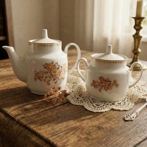 Vintage Riga Porcelain Teapot and Sugar Bowl Set, Latvian Porcelain Tea Service, Floral Mid-Century Tea Set, Rīgas Porcelāna Fabrika 1960s