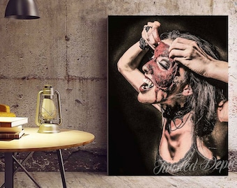 Gory Face Peel Horror Art Print: Creepy Bloody Painting