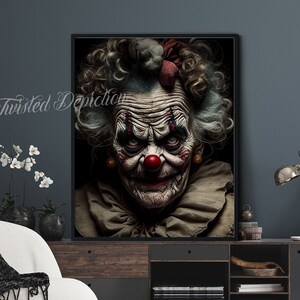 May include: A black and white framed print of a woman with a clown makeup, wearing a brown and white costume. The woman has a red nose and a creepy smile.