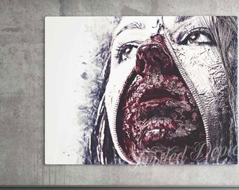 Zipper Face Horror Art: Creepy Gore Painting, Canvas or Poster Print
