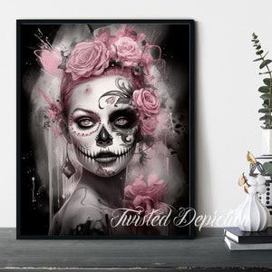 PINK Day Of The Dead Girl, Sugar Skull Art, Día de los Muertos, la calavera . Framed fine art, canvas, or poster prints.