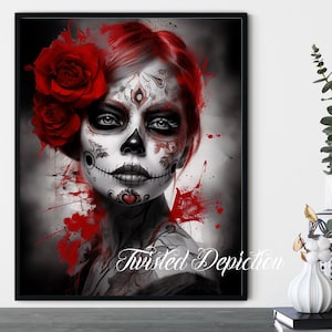 Sugar Skull Art Print: Black, White & Red Día de los Muertos Calavera
