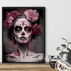 PINK Day Of The Dead Girl 3, Sugar Skull Art, Día de los Muertos, la calavera . Framed fine art, canvas, or poster prints.