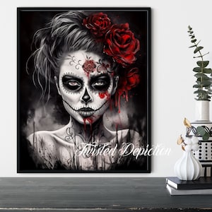 Black White & Red DOTD 2, Sugar Skull Art, Día de los Muertos, la calavera . Framed fine art, canvas, or poster prints.