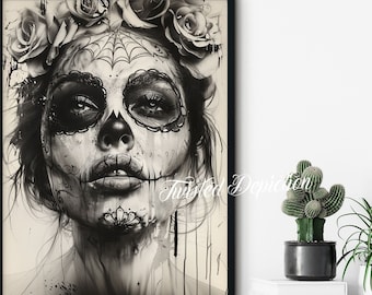 Day Of The Dead Black Water Painting, Sugar Skull Art, Día de los Muertos, la calavera . Framed fine art, canvas, or poster prints.