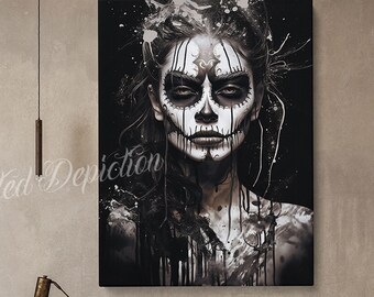 Black Sugar Skull Art Print: Día de los Muertos Canvas or Framed Art