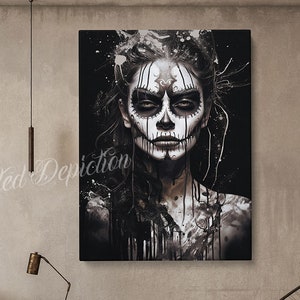 Black Sugar Skull Art Print: Día de los Muertos Canvas or Framed Art