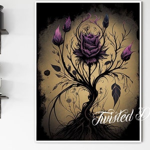 DARK VIOLET FLOWER, Gothic Flower Painting . Framed fine art, canvas, or poster prints.