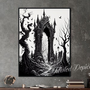 Gates of Hell Gothic Art Print: Dark Landscape, Horror Art