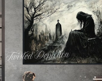 Reaper Awaits: Gothic Grim Reaper Art Print - Dark Macabre Painting
