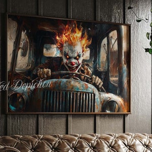 INFERNO RIDE Clown Art, Clown Truck Painting. Framed fine art, canvas, or poster prints.