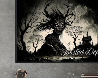 May include: Black and white illustration of a tree with a face, a house, and the text "Twisted Depiction".