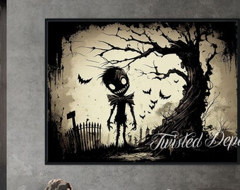 Gothic Cemetery Gatekeeper Art Print: Dark Landscape Canvas or Framed Print
