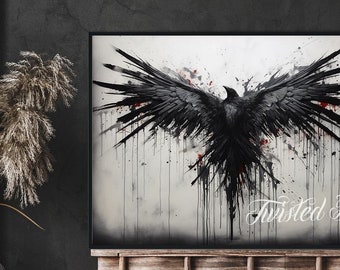 RAVEN'S DESCENT, Raven Painting, Gothic Wall Art. Framed fine art, canvas, or poster prints.