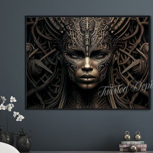 Biomechanical Bronze Goddess Art Print: Alien Gothic Decor