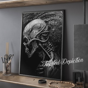 BIOMECHANICAL SKULL FORGE, Alien Art, Gothic Art. Framed fine art, canvas, or poster prints.