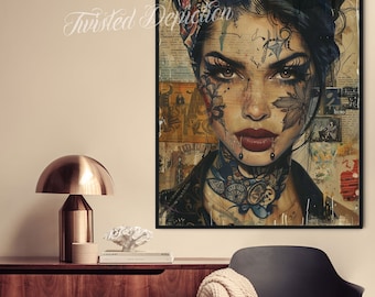 Vintage Tattoo Girl Art Print: Retro Inked Portrait 1