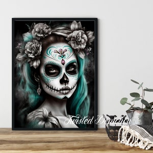TEAL Day Of The Dead Girl, Sugar Skull Art, Día de los Muertos, la calavera . Framed fine art, canvas, or poster prints.