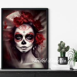 Sugar Skull Art Print: Día de los Muertos Calavera, Black White & Red 6