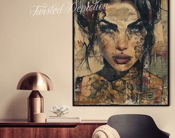Vintage Tattoo Girl Art Print: Retro Inked Portrait 2