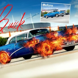 On Fire Car Portrait, Car Enthusiast Gift, Watercolor Motorcycle Portrait, Auto Fire Art, Classic Car Lovers Gift. Canvas or Fine Art Print