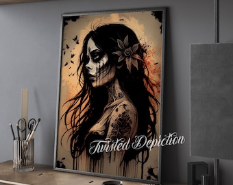 Sugar Skull Girl Art Print "Painted Death 3": Día de los Muertos Canvas or Framed Print