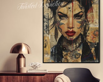 Vintage Tattoo Girl Art Print: Retro Inked Portrait 3