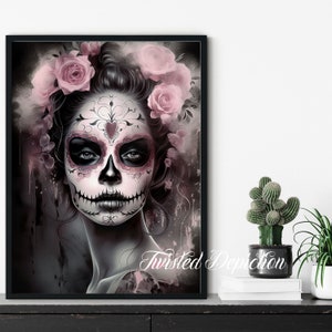 PINK Day Of The Dead Girl 2, Sugar Skull Art, Día de los Muertos, la calavera . Framed fine art, canvas, or poster prints.