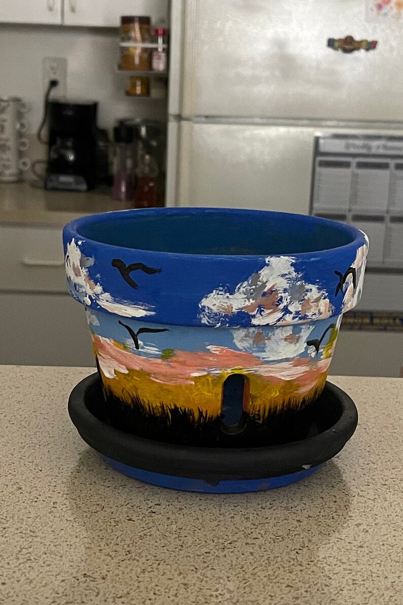 May include: A hand-painted terracotta flower pot with a blue sky, white clouds, and black birds. The pot has a drainage hole and is sitting on a black saucer.
