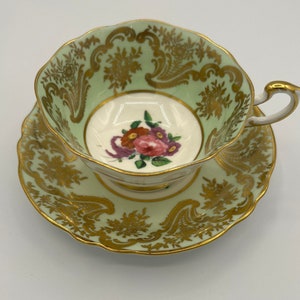 Paragon Double Warrant Pale Blue Teacup and Saucer Bone China | Heavy Gold Detailing | Floral Teacup | Fine Bone China made in England